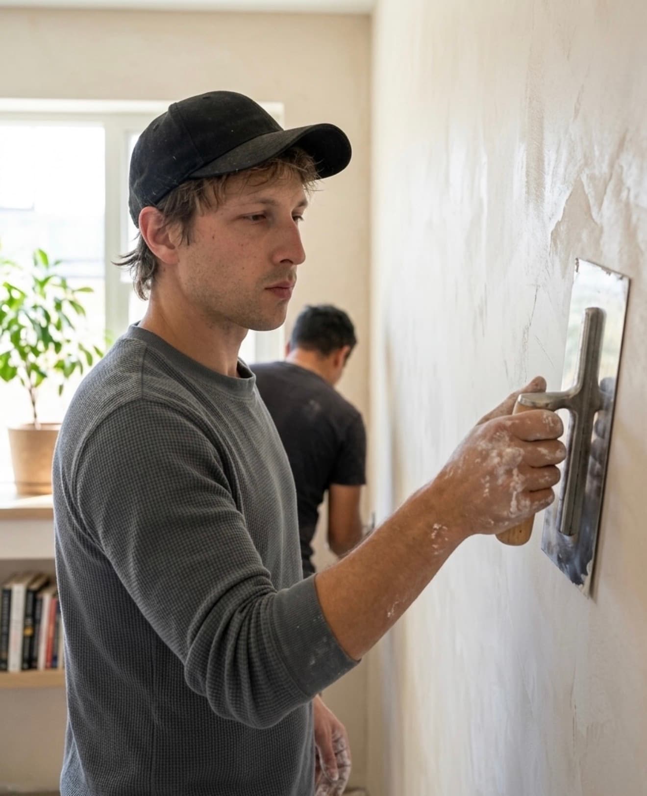 Venetian plaster craftsman applying finish with a steel trowel in a Sydney home