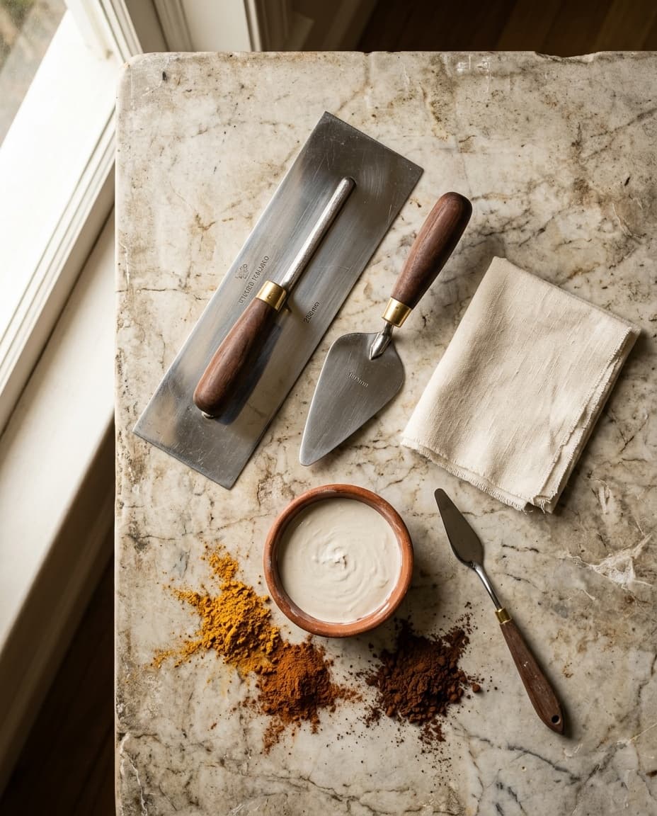 Traditional Venetian plaster tools and natural lime pigments