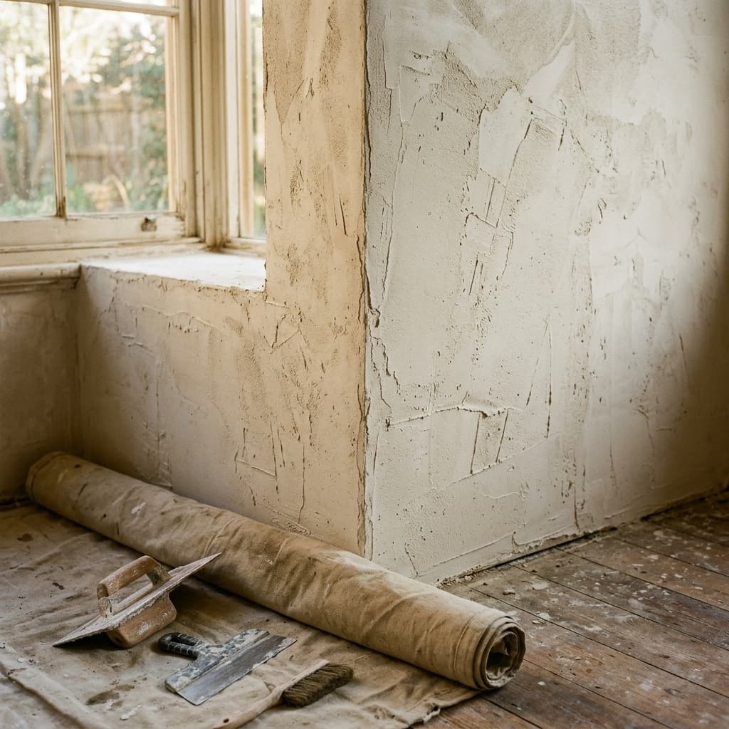 Venetian plaster workspace with fresh lime plaster mid-application