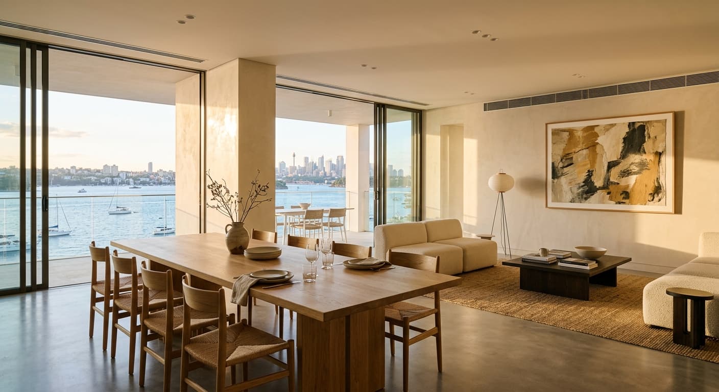 Polished plaster walls in a contemporary Sydney harbourside open-plan living and dining space