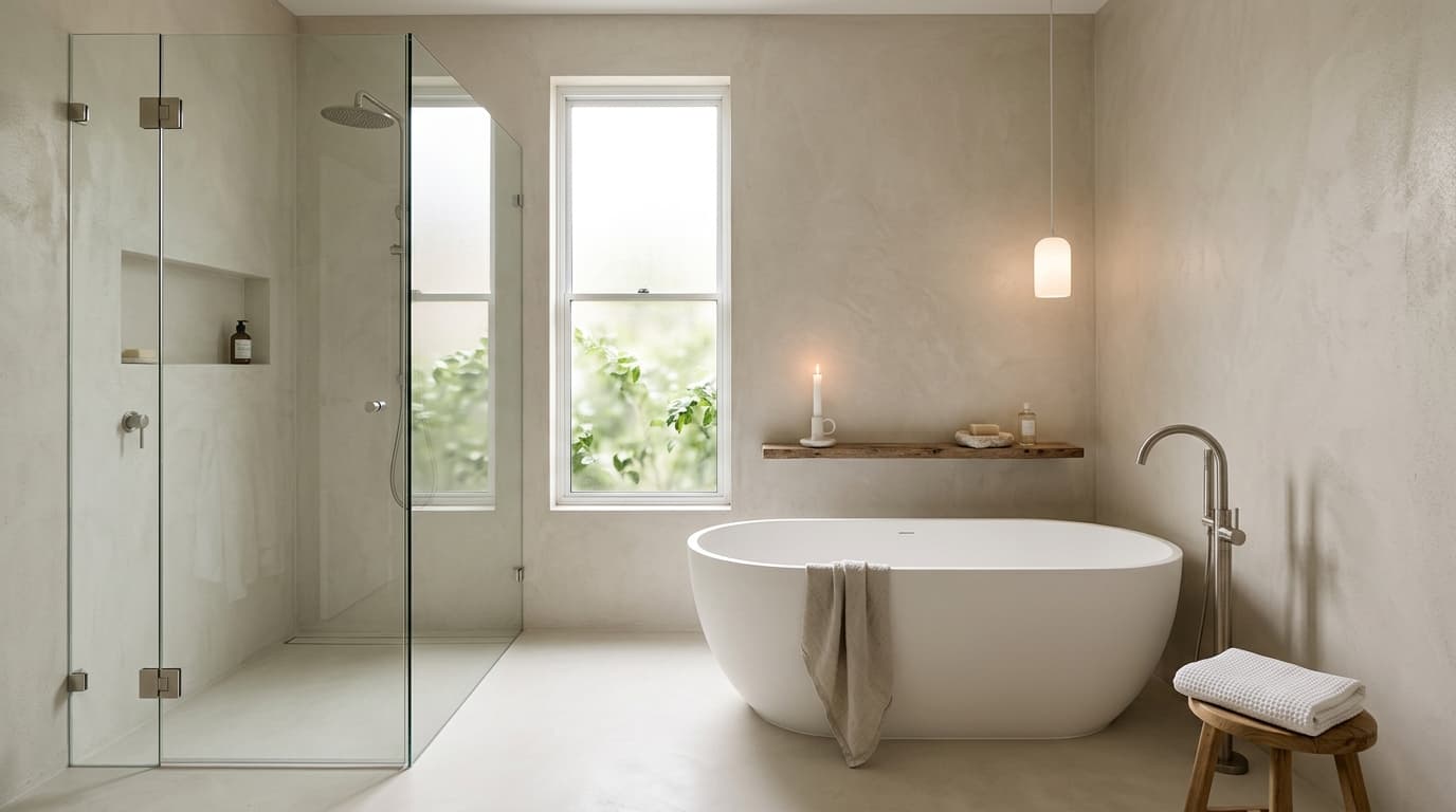 Seamless waterproof polished plaster bathroom with freestanding bath in Sydney Eastern Suburbs